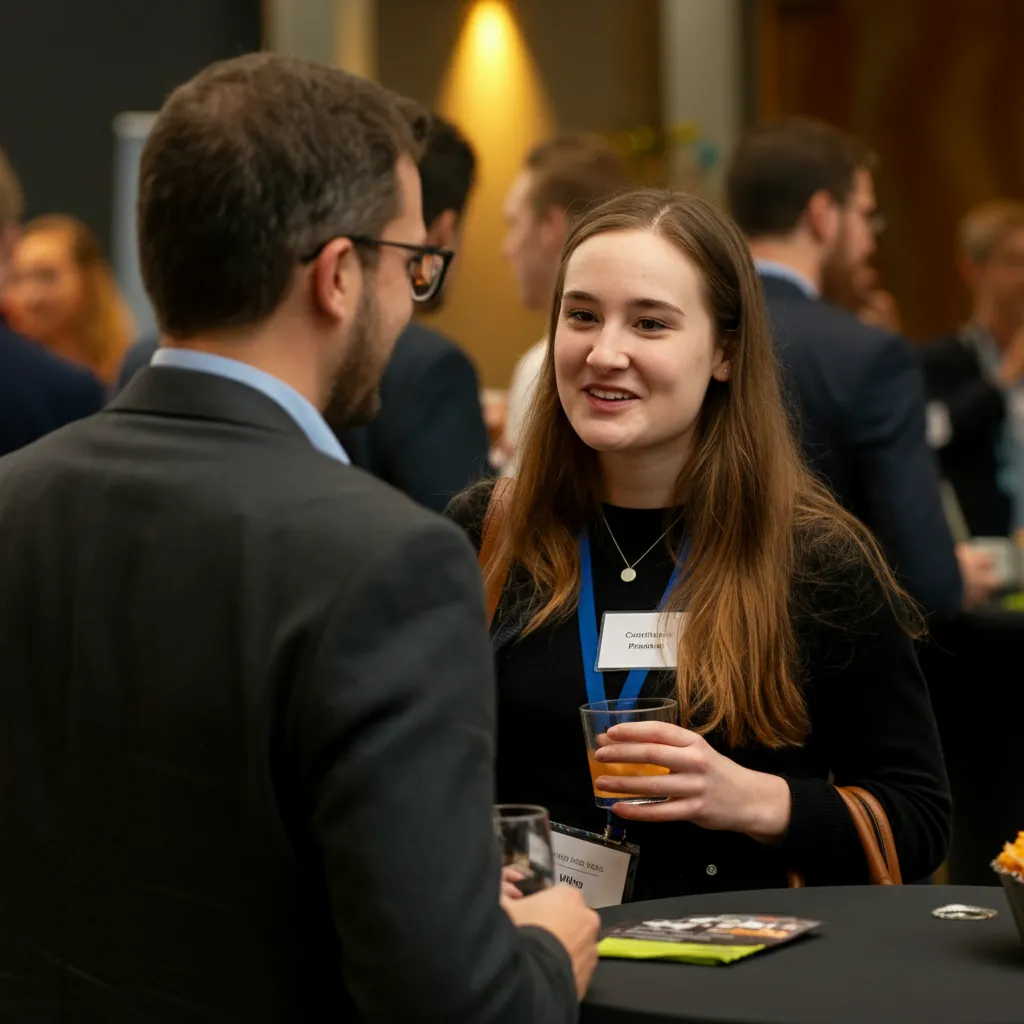 Person practicing small talk tips at a networking event, smiling and engaged in conversation.