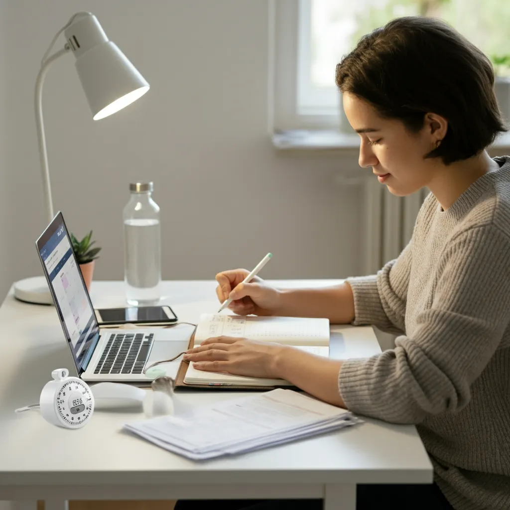 Person using a timer and planner, symbolizing effective time management strategies for individuals with ADHD.