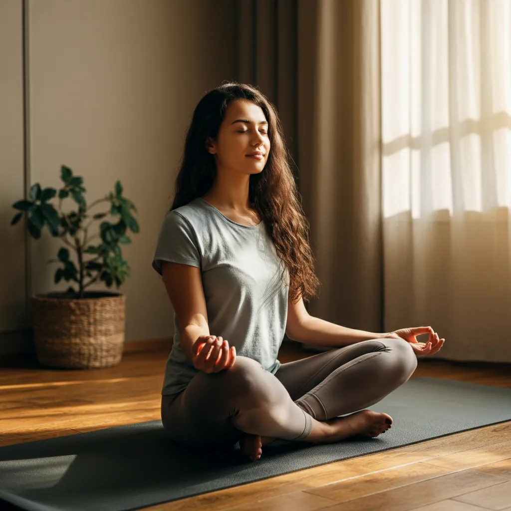 Person meditating peacefully, demonstrating meditation exercises and techniques for relaxation and stress relief.