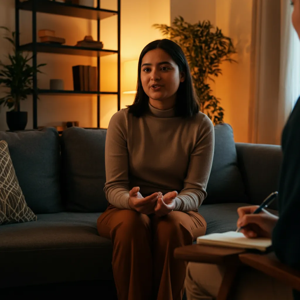 Person engaged in a mental health coaching session, discussing strategies for well-being and personal growth.