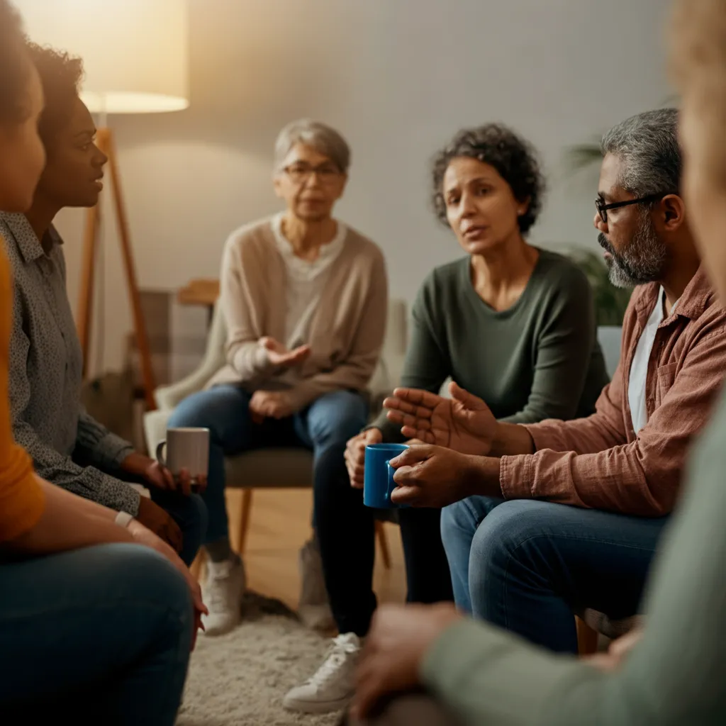 People connecting and supporting each other in a mental health community forum.