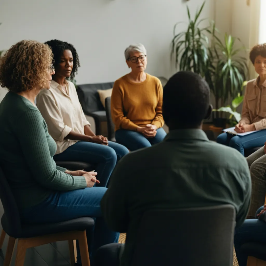 Diverse group of people connecting and supporting each other in an online mental health community forum.