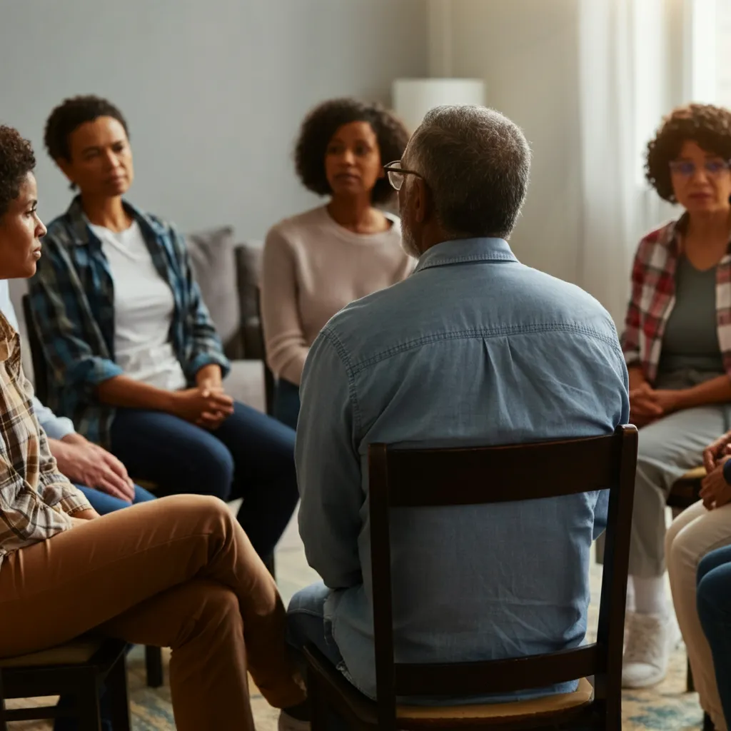 Diverse group of people connecting and supporting each other in a mental health community.