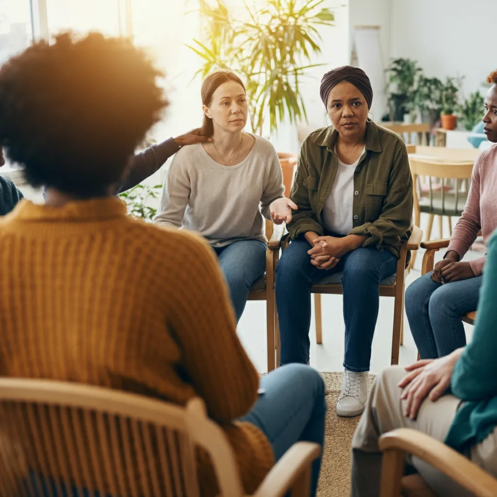 Diverse group of people connecting and supporting each other in an online mental health forum.