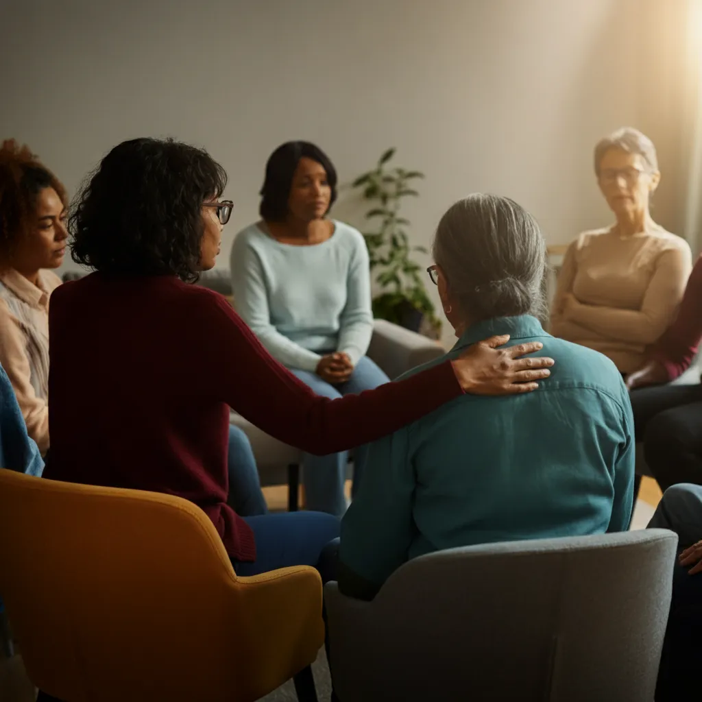 Diverse individuals sharing their mental health recovery journeys, finding support and strength in a connected community.