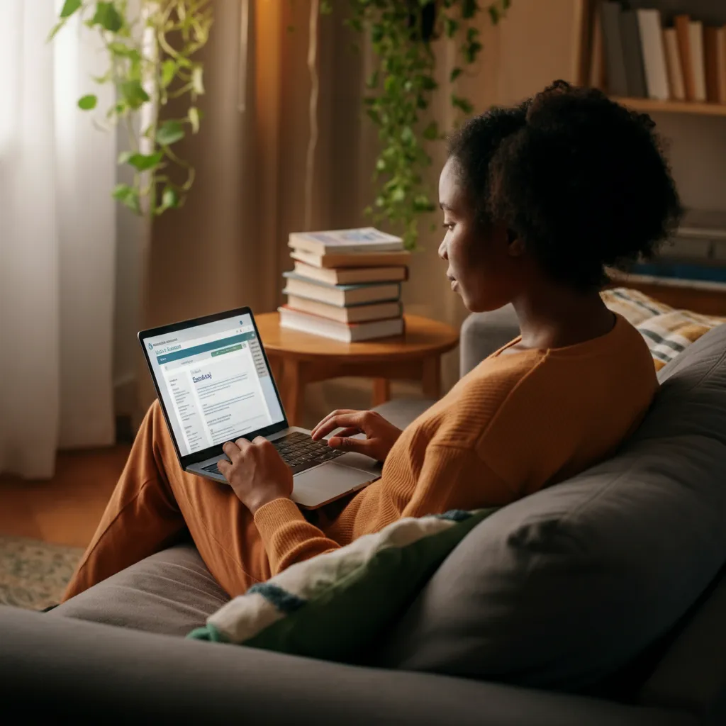 A person contemplating their mental health, considering taking an online self-assessment quiz to better understand their emotional well-being.