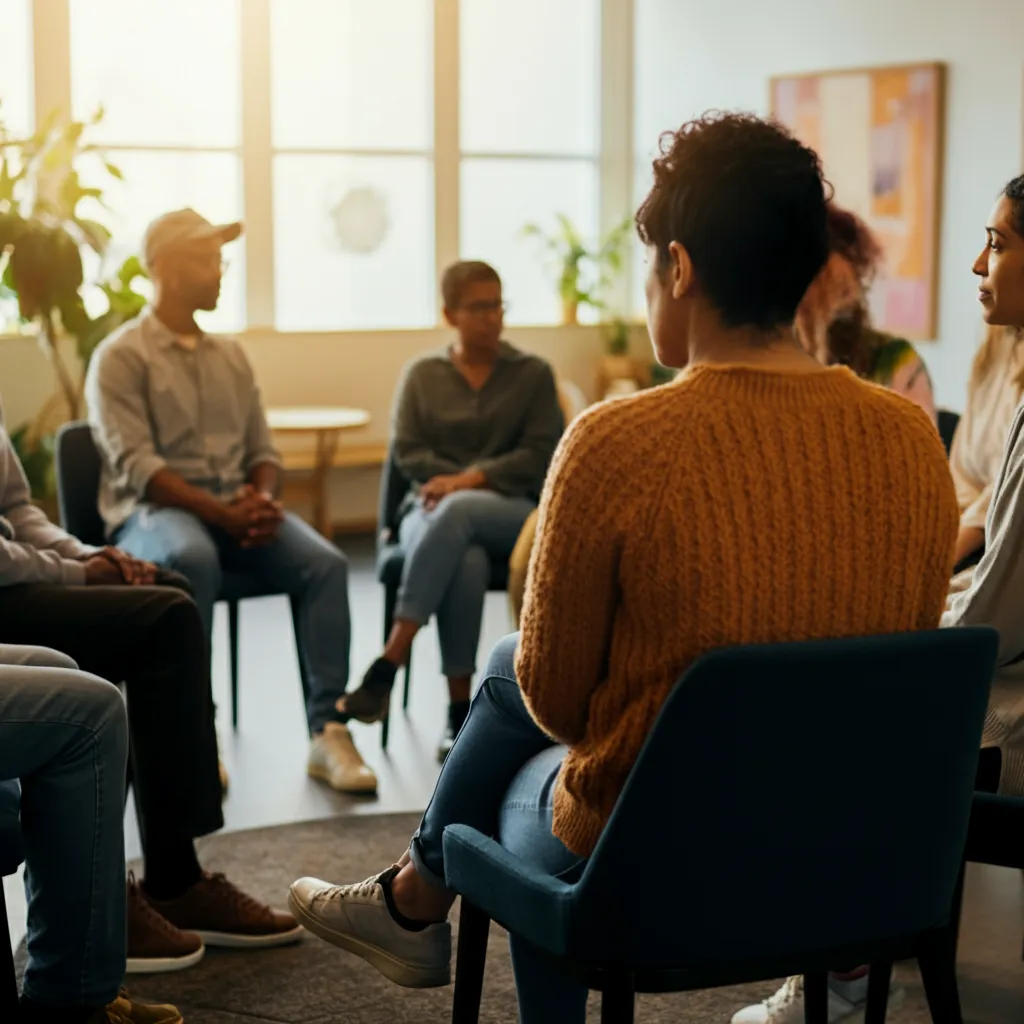 Diverse group of people connecting and supporting each other, symbolizing the strength and resilience found in mental health support communities.