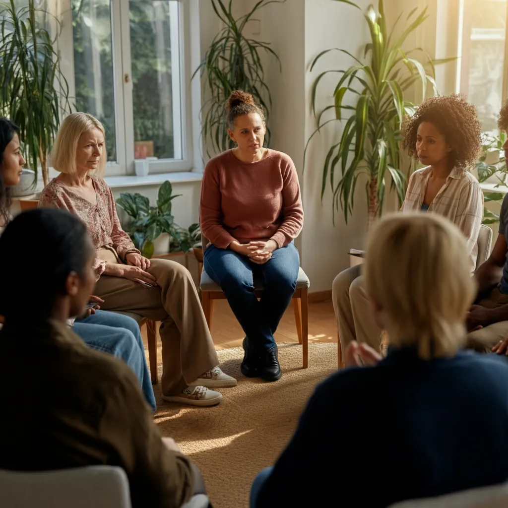 Diverse group of people connecting and supporting each other in an online mental health forum, offering encouragement and understanding.