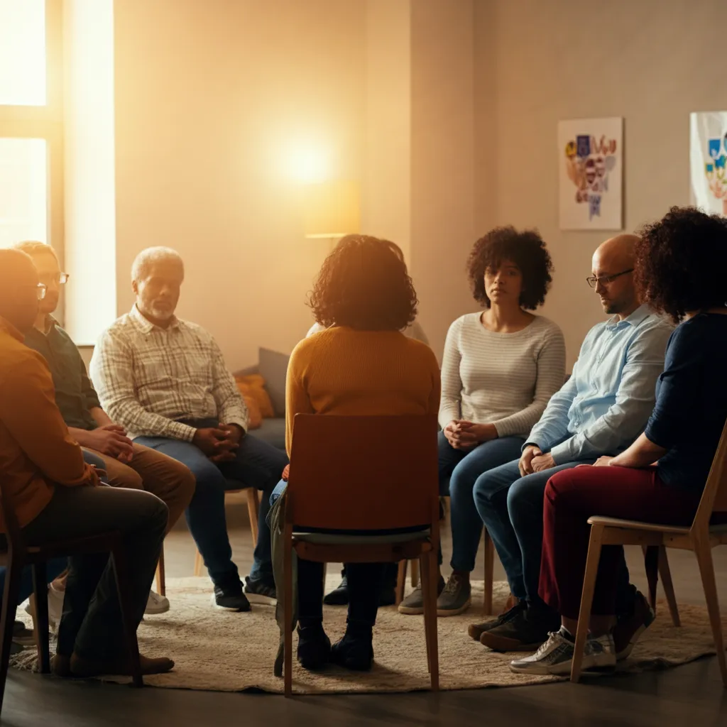 Diverse group of people connecting and supporting each other in a mental health support group setting.