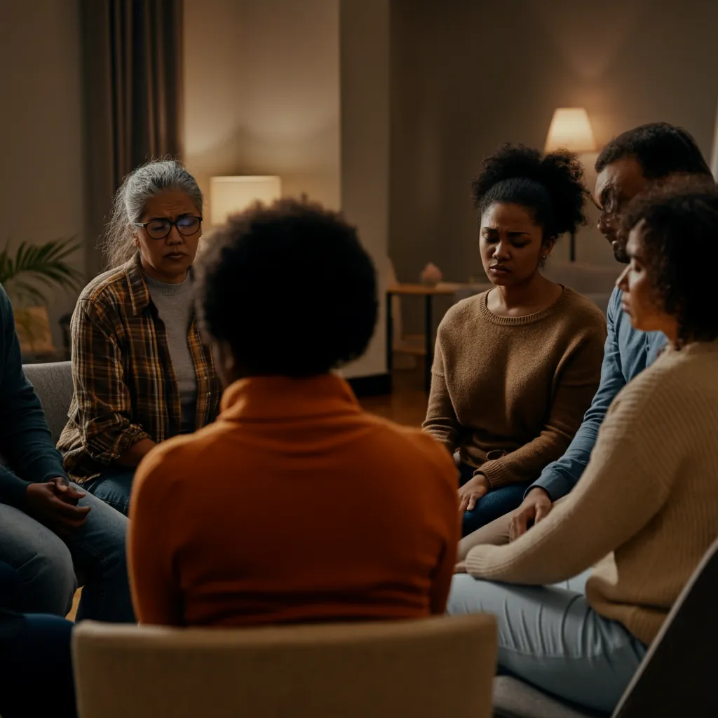 Diverse group of people connecting and supporting each other in a mental health support group setting.