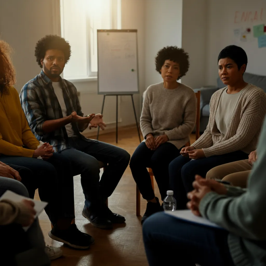 Diverse group of people connecting and supporting each other, representing a strong mental health support system.