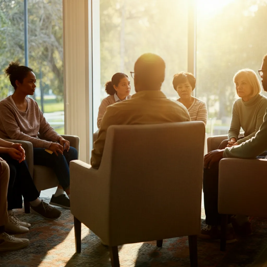 Diverse group of people connecting and supporting each other, representing the importance of mental health support systems.