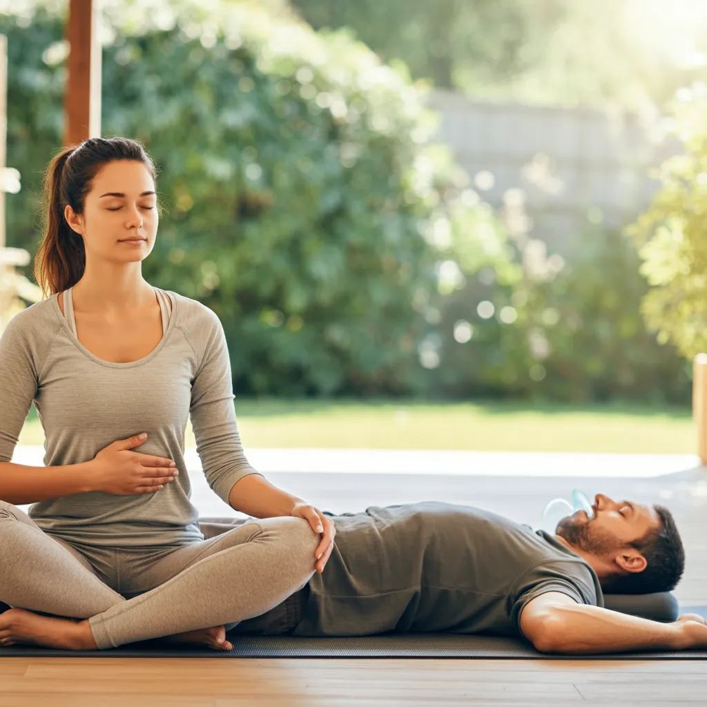 Person practicing mindful breathing exercises for relaxation and stress reduction.