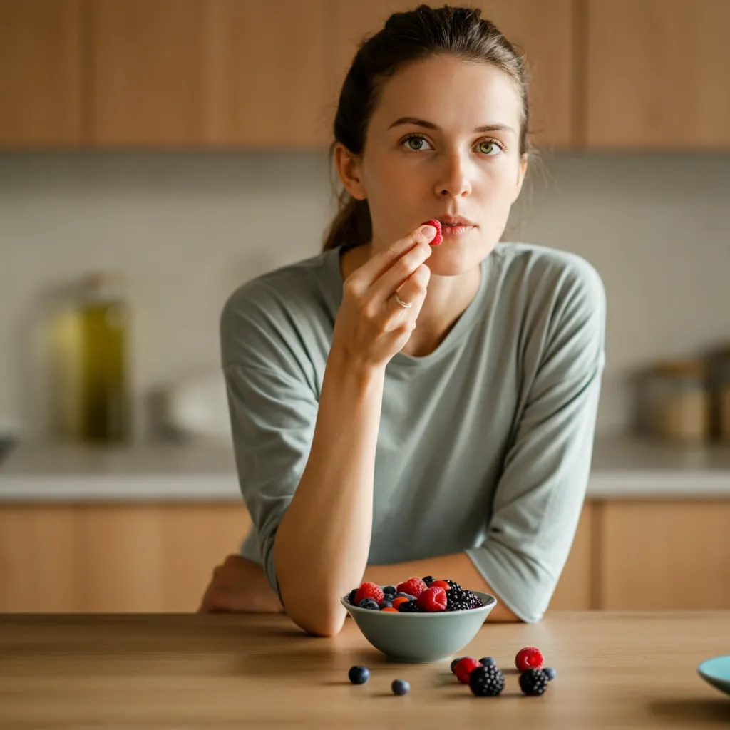 Person mindfully eating a healthy meal, demonstrating the practice of mindful eating.