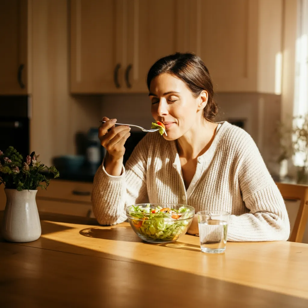 Person practicing mindful eating for trauma recovery by savoring a meal with focused attention.