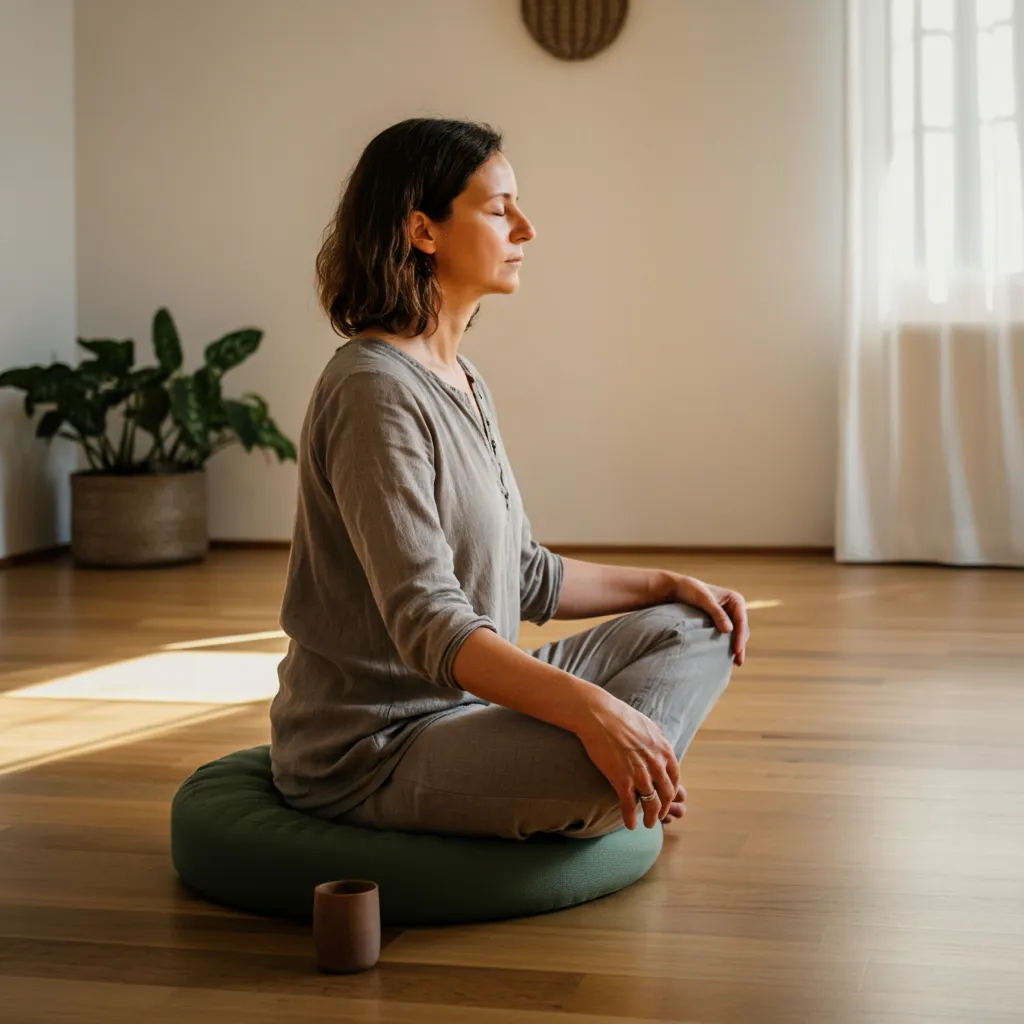 Person practicing mindfulness exercises, like mindful breathing or meditation, in their daily life to reduce stress and improve focus.