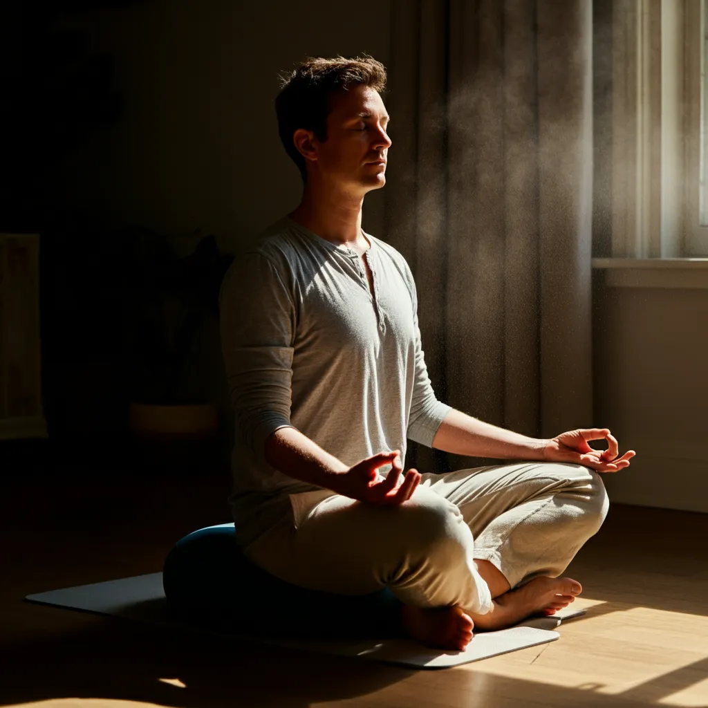 Person meditating peacefully, illustrating the benefits of mindfulness and meditation for managing ADHD symptoms like stress, anxiety, focus, and impulsivity.