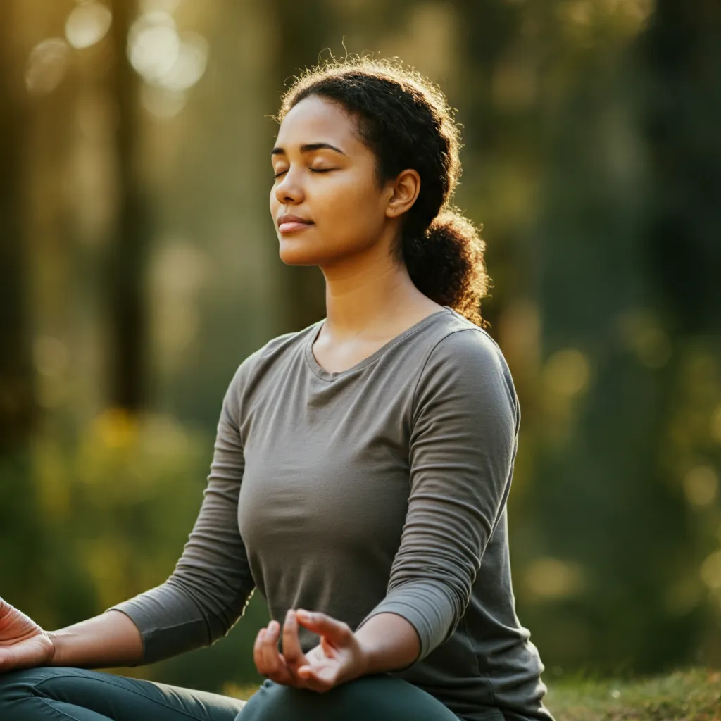 Person meditating peacefully with a digital device, demonstrating mindfulness and meditation exercises for mental wellness in the digital age.