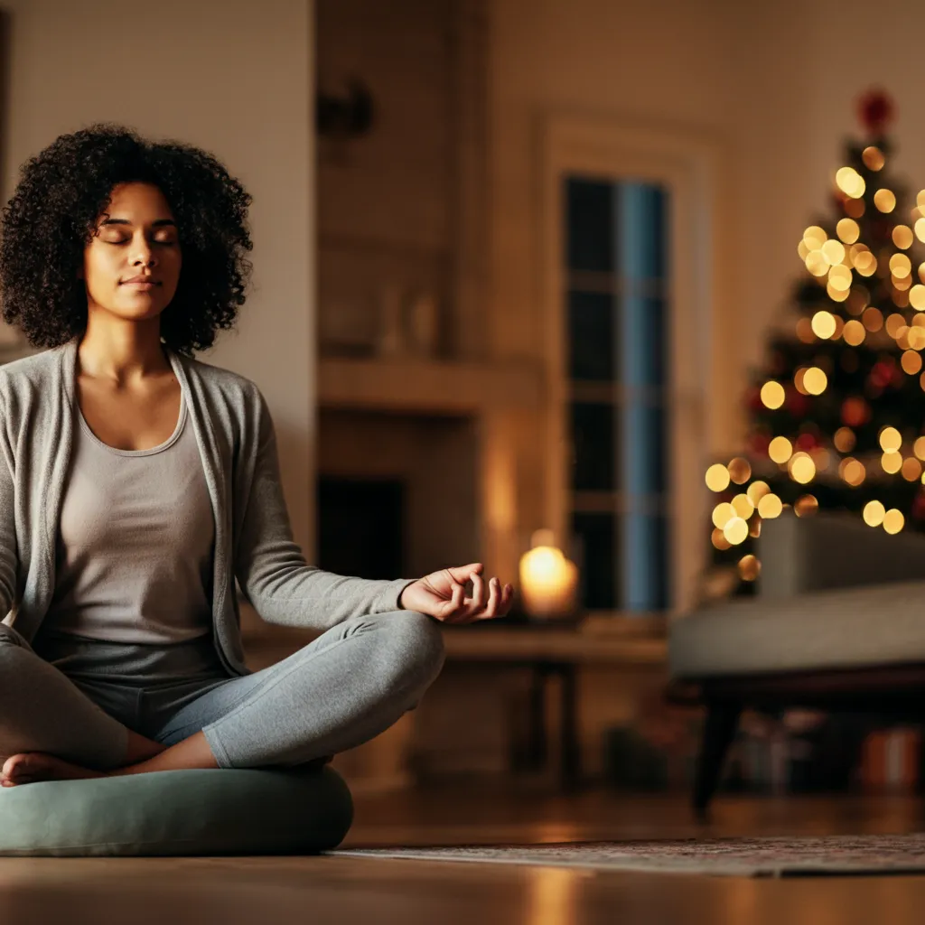 Person meditating peacefully during the holiday season to manage stress and find calm.