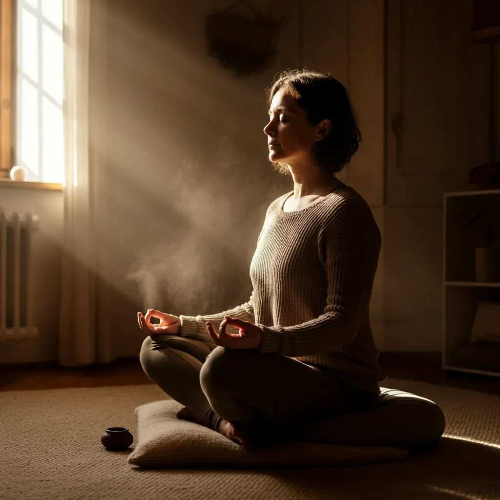 Person meditating peacefully, representing mindfulness and meditation as a way to unsubscribe from negative thoughts and find calm.