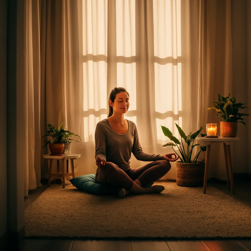 Person meditating peacefully in a quiet space, illustrating the concept of mindfulness and finding peace in the present moment.