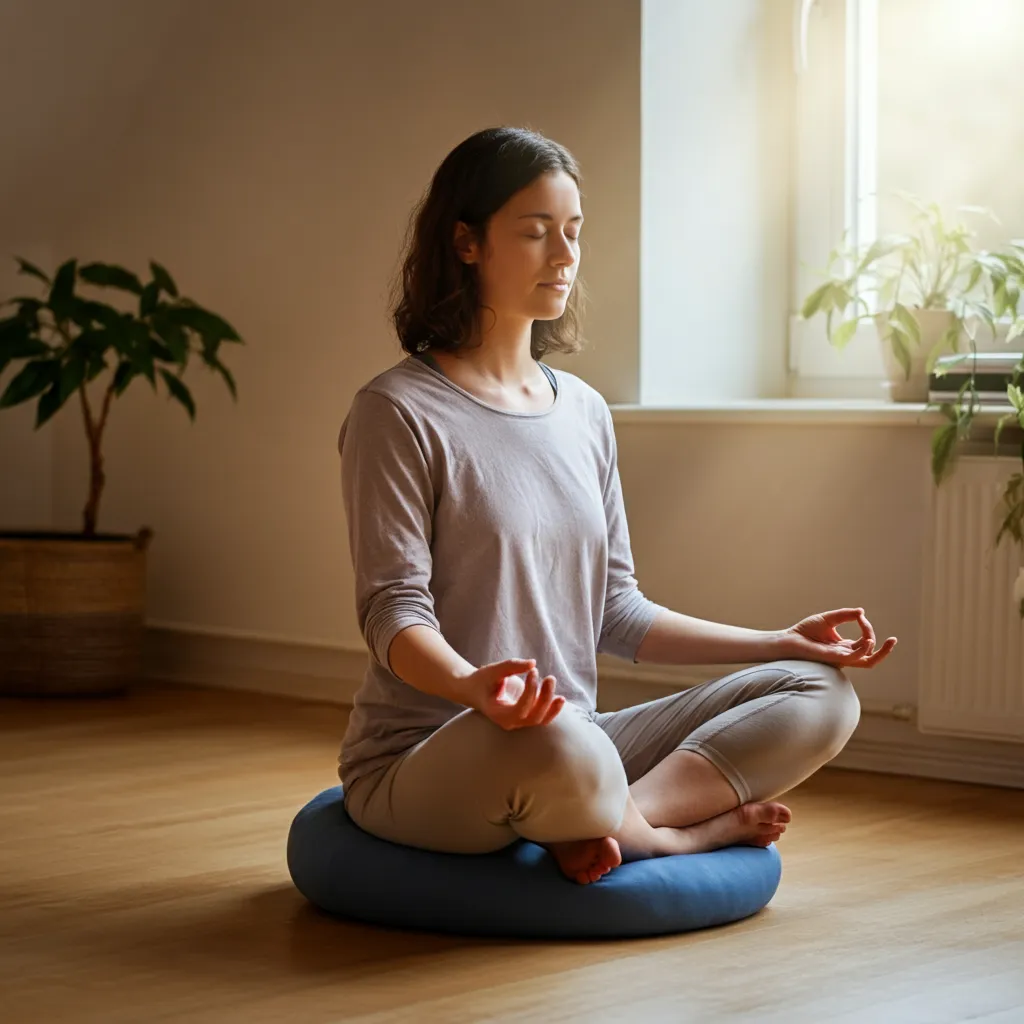 Person meditating peacefully, illustrating the practice of mindfulness for present moment awareness and emotional wellbeing.