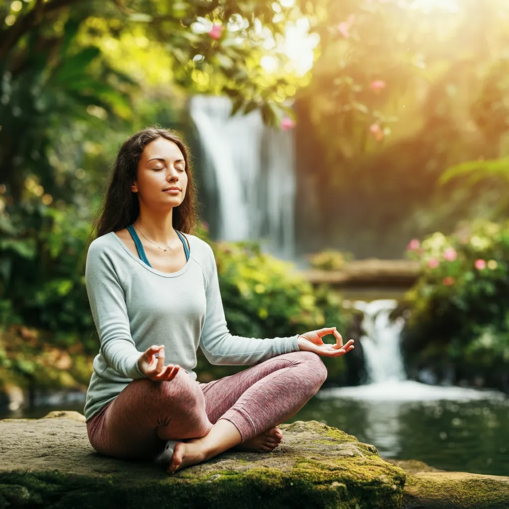 Serene person meditating peacefully, demonstrating mindfulness and meditation techniques for stress reduction and mental well-being.