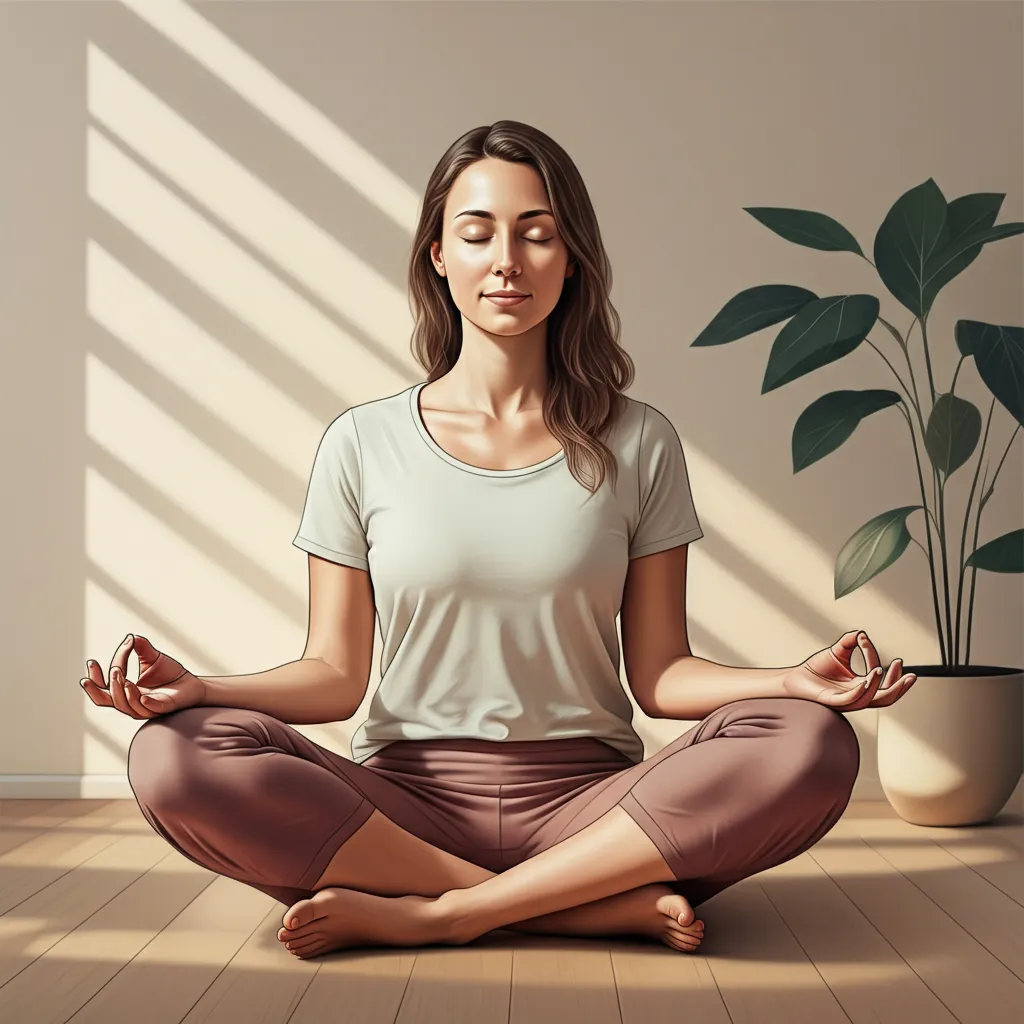 Serene person meditating peacefully, demonstrating mindfulness and meditation techniques for stress relief and mental clarity.