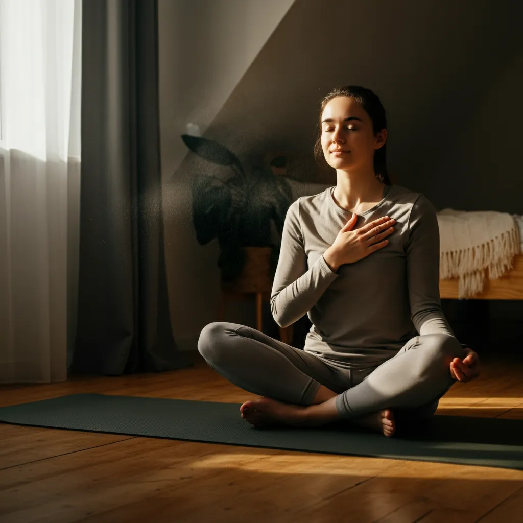 Person practicing mindfulness and self-awareness exercises, such as body scan, deep breathing, and mindful walking, to understand the difference between intuition and anxiety.