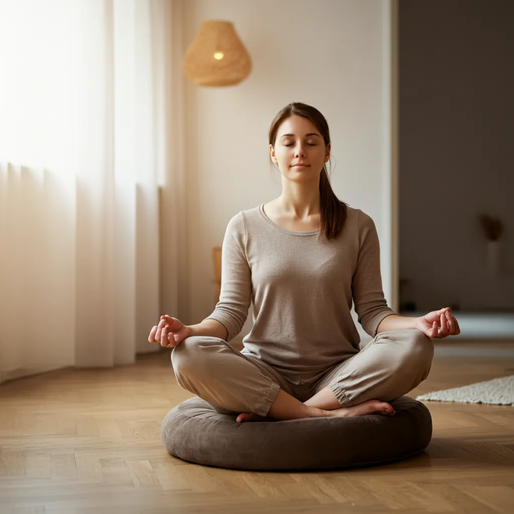 Person practicing mindfulness and self-awareness techniques, including deep breathing and body scan meditation, to improve emotional regulation and manage feelings.