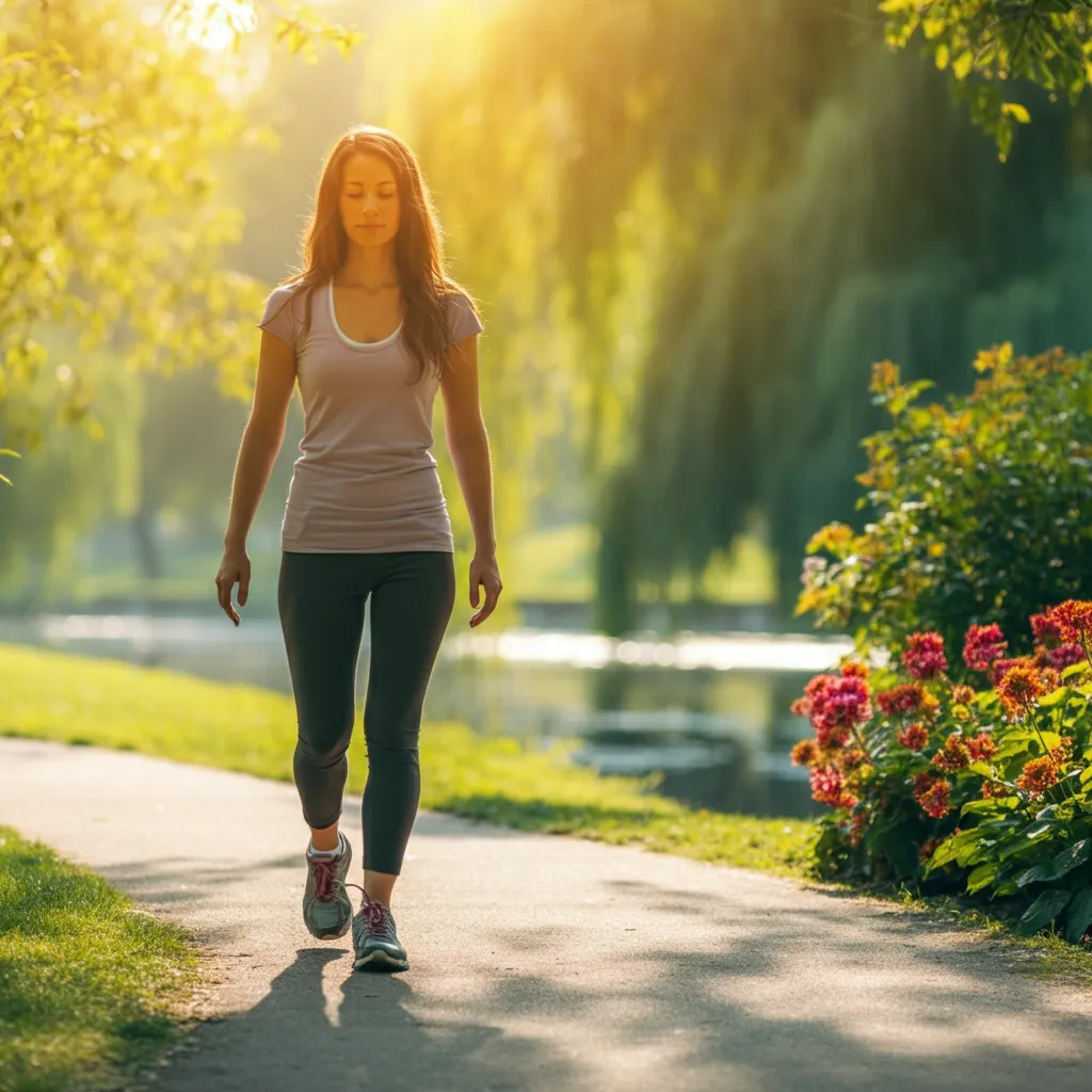 Person practicing mindfulness and self-care techniques for anxiety management, such as deep breathing or mindful walking.