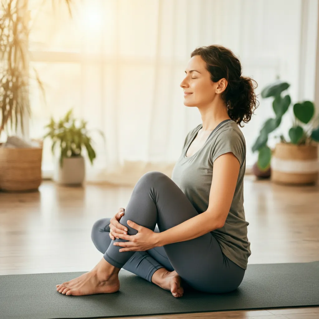 Woman practicing mindfulness exercises, including deep breathing and meditation, to relieve stress and facial tension.