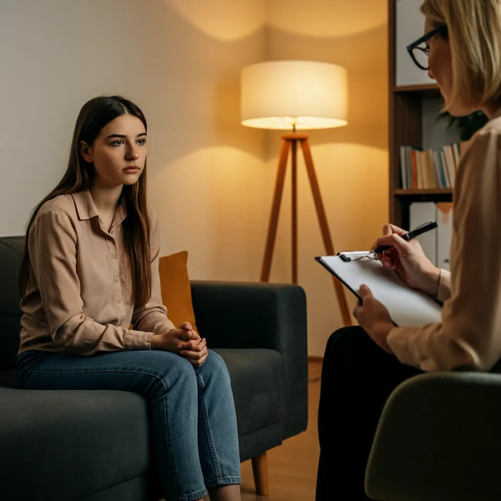 A person seeking guidance from a mental health professional, illustrating the importance of support when dealing with mirroring behaviors often associated with personality disorders.