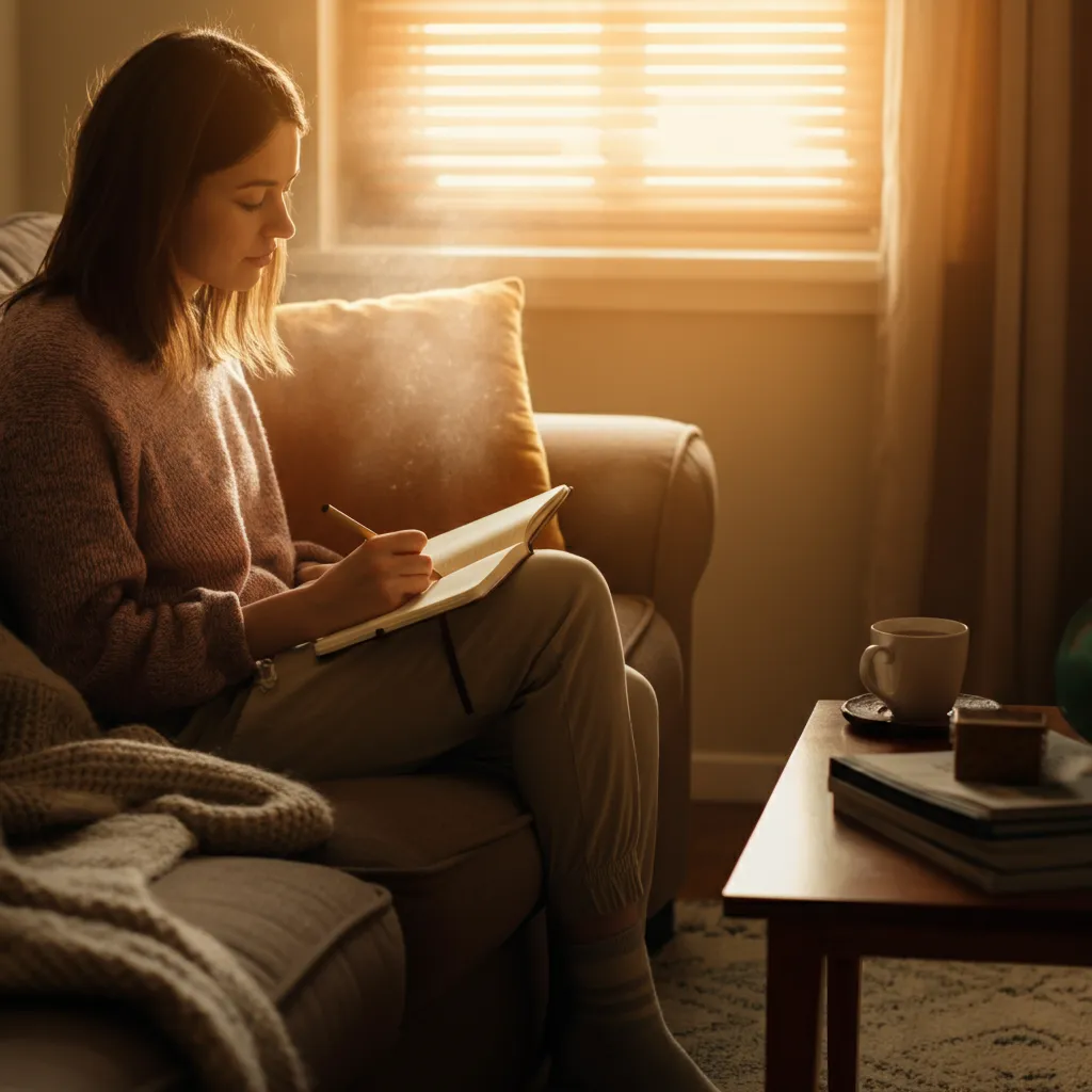 Person using a mood tracker to log daily moods and identify patterns for better mental health management.