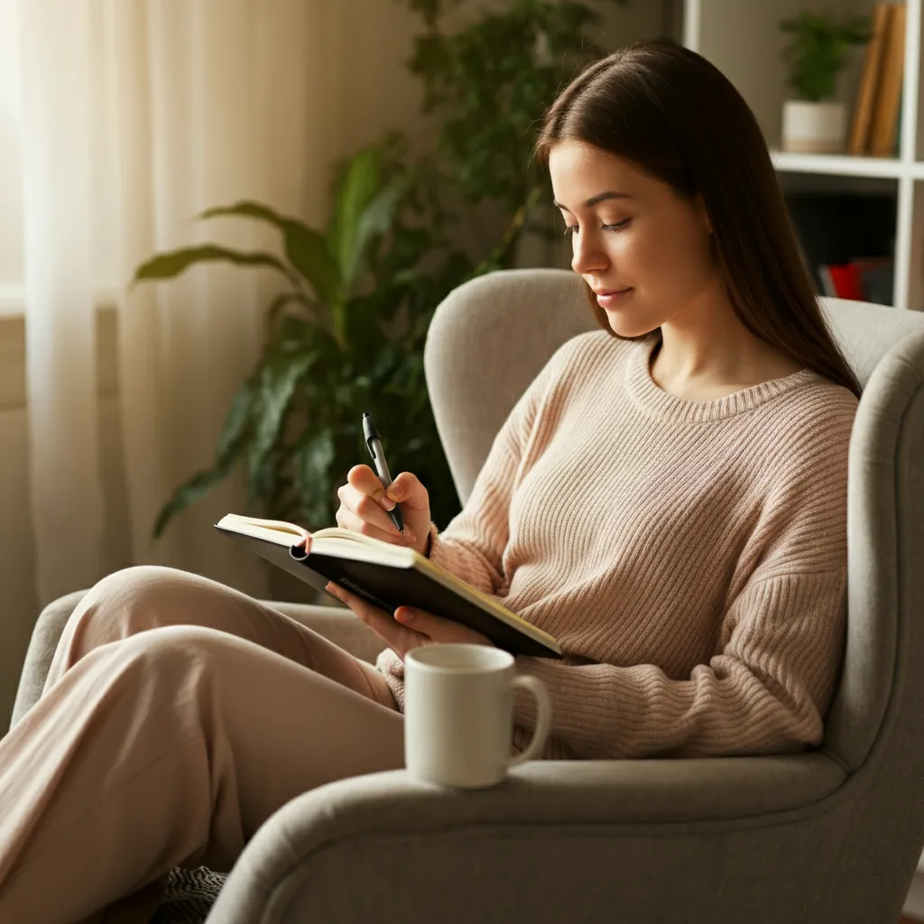 Person using a mood tracker app or journal to monitor and understand their mental health, aiding communication with therapists and supporting effective treatment.