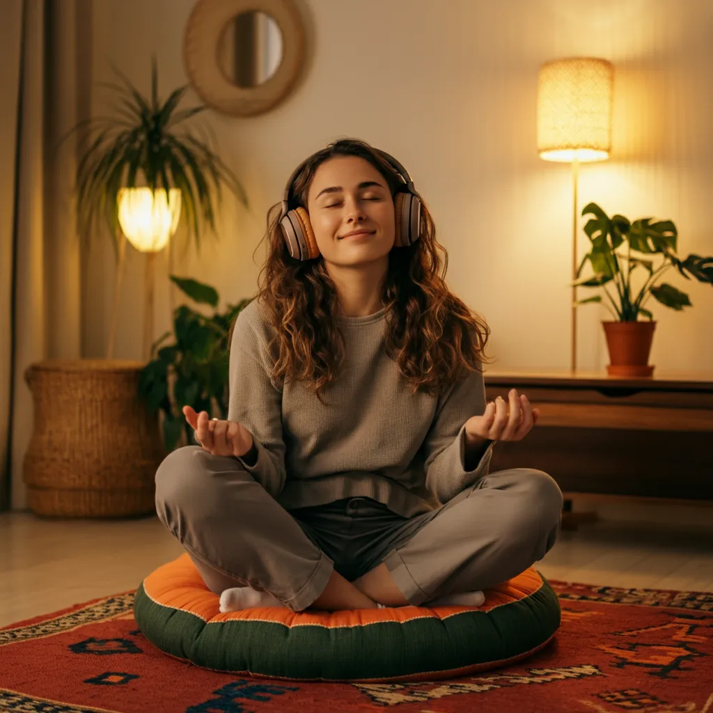 Person listening to music with headphones, demonstrating the positive connection between music, mind, and body.