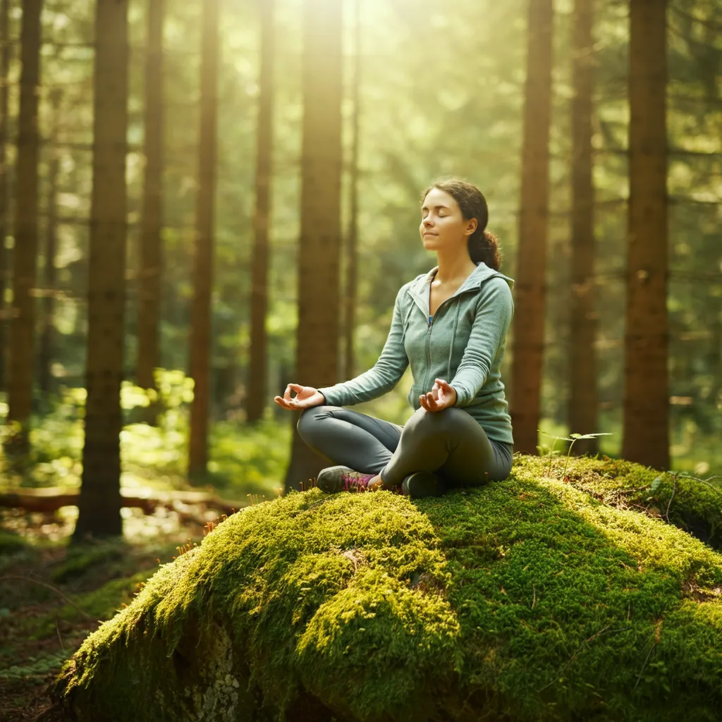 Person enjoying nature therapy in a peaceful forest setting, promoting mental well-being and stress reduction.