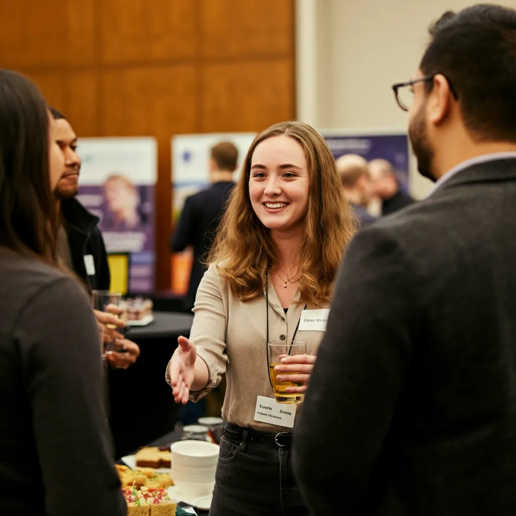 Person confidently networking at an event, illustrating tips for navigating conversations, remembering names, and making a positive impression.