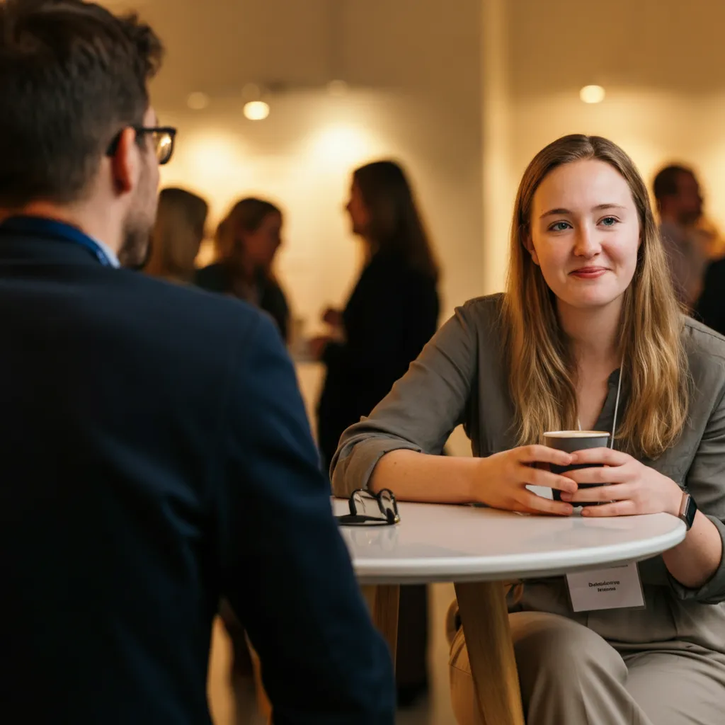 A person confidently networking with others, symbolizing overcoming shyness and building connections.