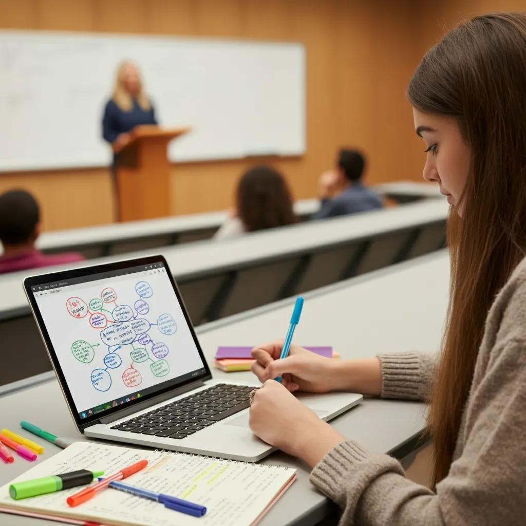 Colorful visual representation of note-taking strategies for students with ADHD, including mind maps, Cornell notes, abbreviations, and digital tools.