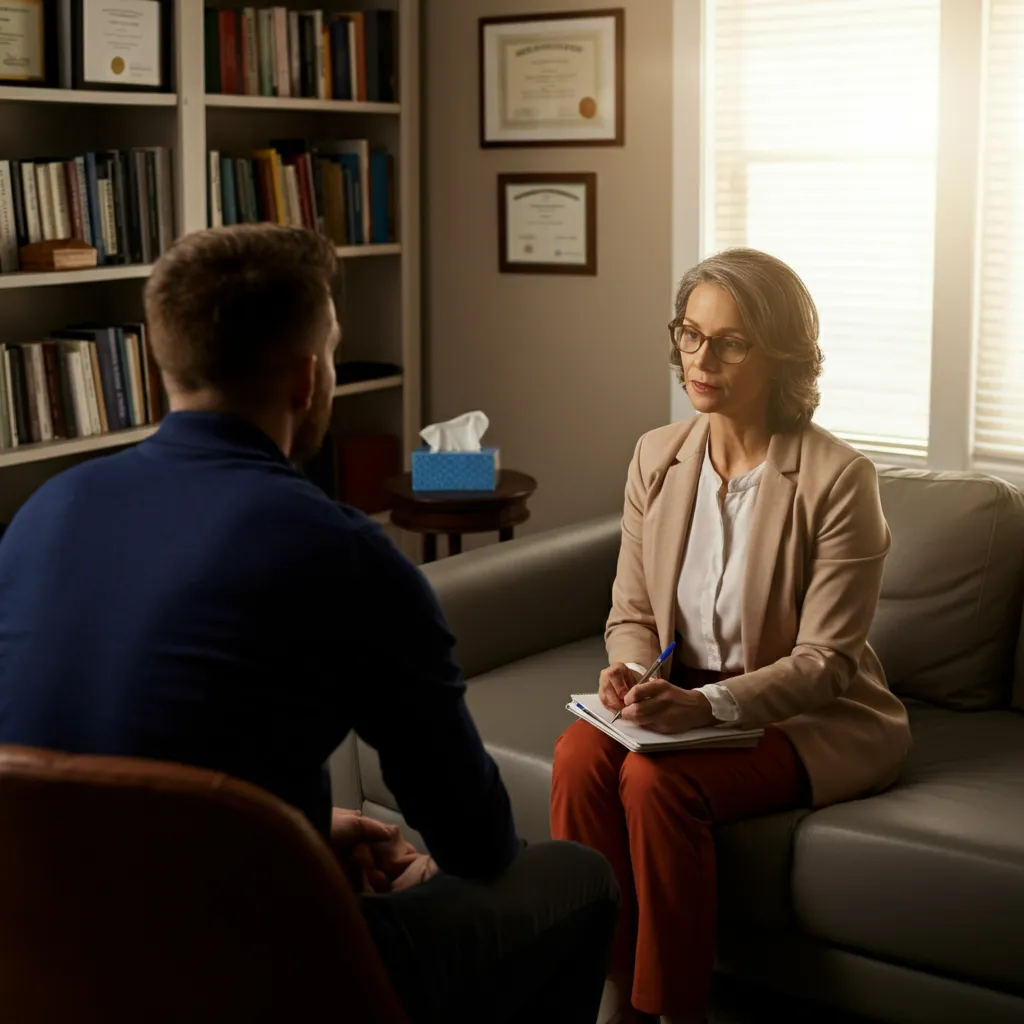 A mental health professional guides a patient through the NPD diagnosis process, emphasizing empathy and understanding.