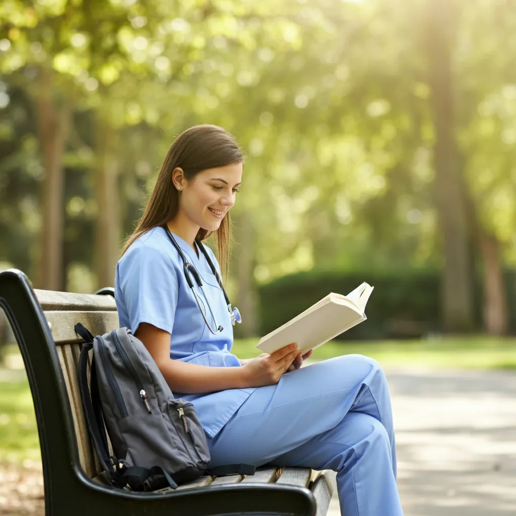 A serene image representing self-care practices for nursing students, promoting stress management and mental wellness during their studies.