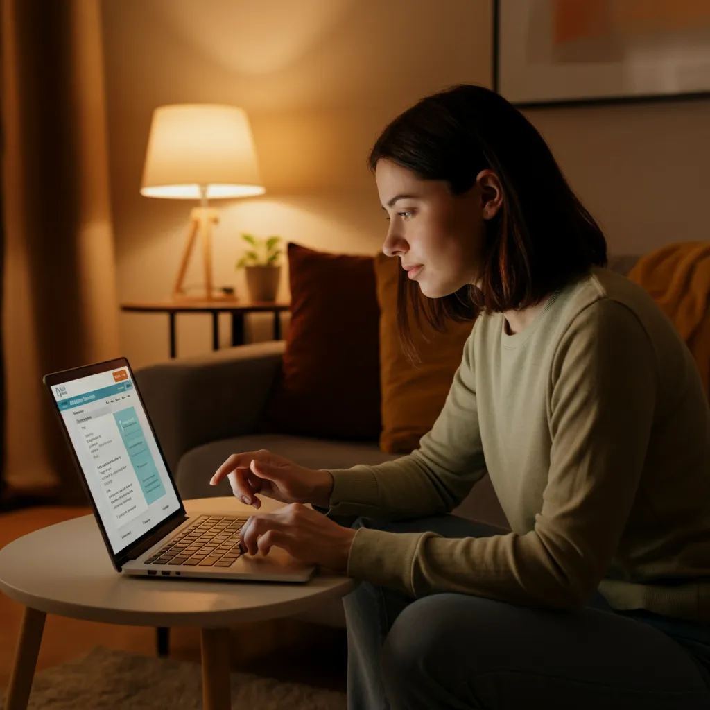 Person using a laptop to take an online mental health assessment, highlighting the benefits of convenience, privacy, and self-awareness.