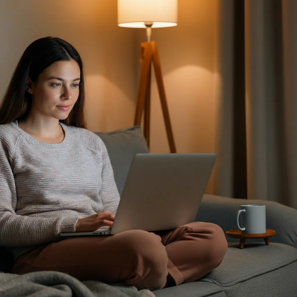 Person using a laptop to access online mental health resources.