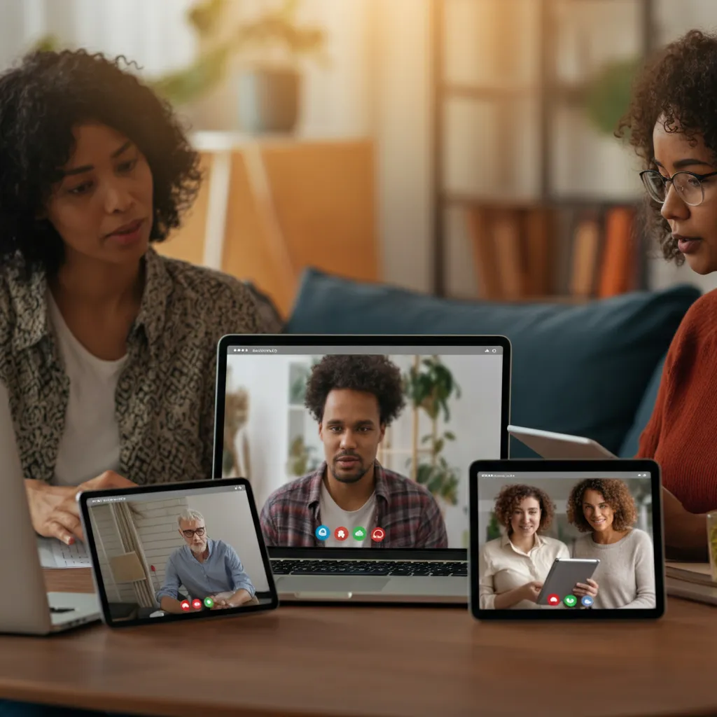 Diverse individuals connecting and supporting each other in an online mental health support group.