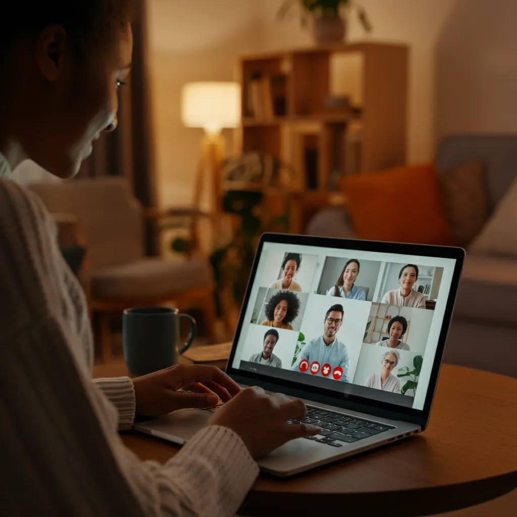 Diverse individuals connecting and supporting each other in an online support group meeting, fostering a sense of community and mental well-being.