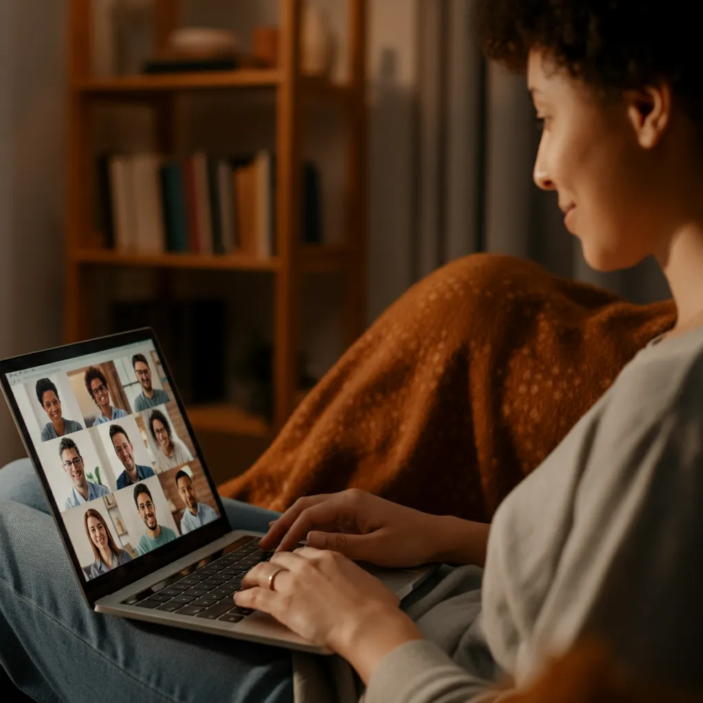 A person using a laptop to access online support group FAQs.