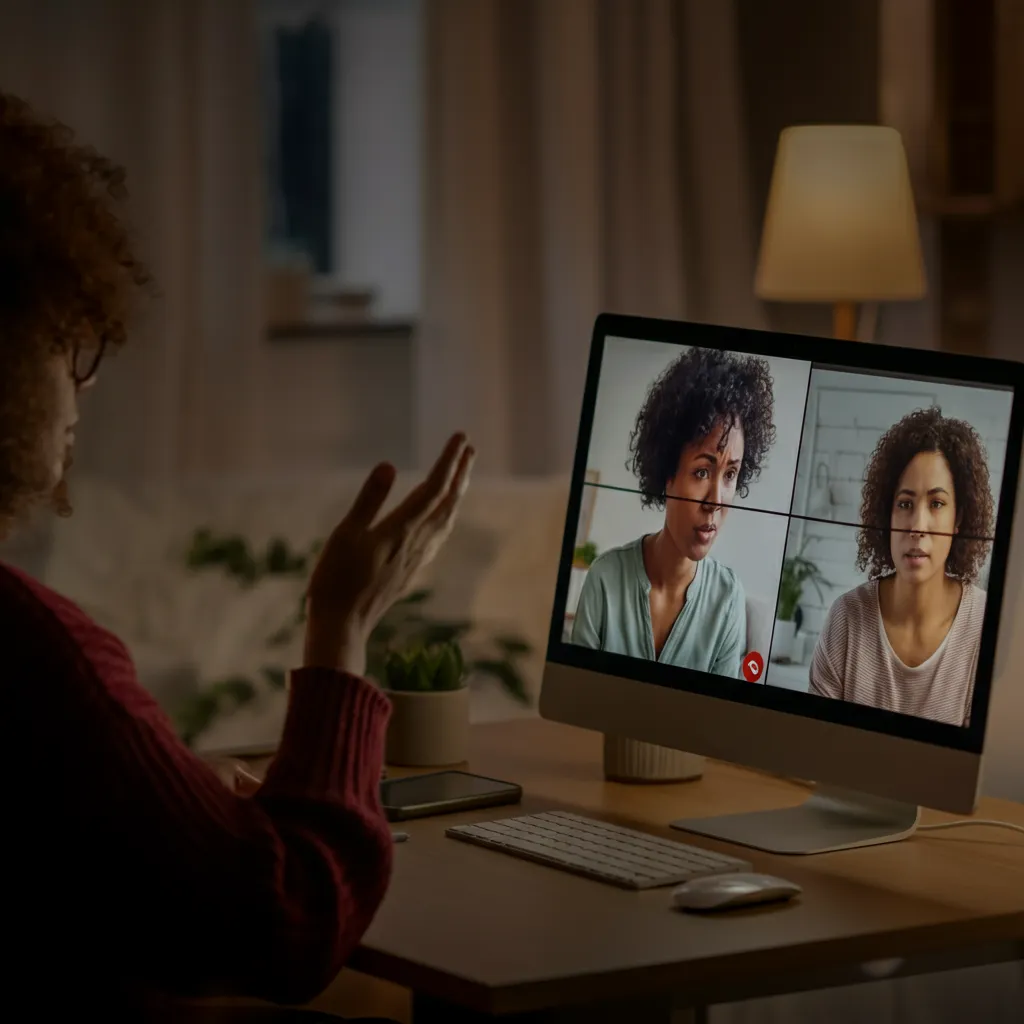 Diverse individuals connecting and interacting in a virtual support group setting, symbolizing community and mental health support online.