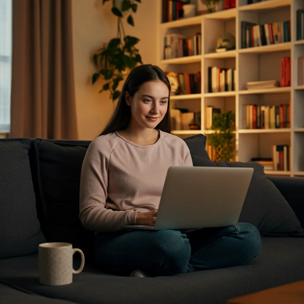 Person using a laptop to access online therapy, connecting with a licensed therapist via video call for convenient and affordable mental health support.