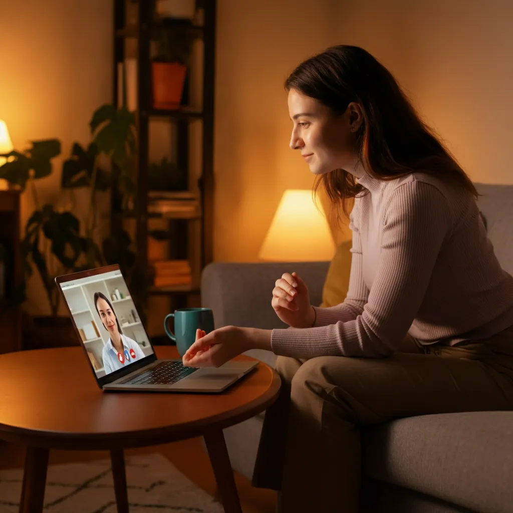 A person using a laptop for online therapy and another person sitting face-to-face with a therapist, representing the options of online vs. in-person therapy.